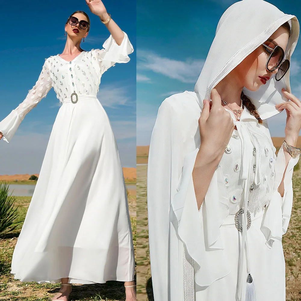 

Diamonds Abaya Dubai Kaftan Muslim Women Hooded Dress Cape Cloak Caftan Moroccan Robe Jalabiya Ramadan Eid Mubarak Djellaba Gown
