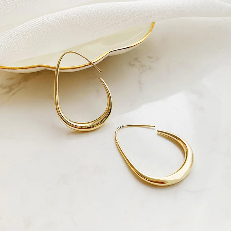 

Teardrop Hoop Earrings Gold Plated Large Oval Pull Through Hoop Earrings High Polished Statement Jewelry Gift for Women Girls