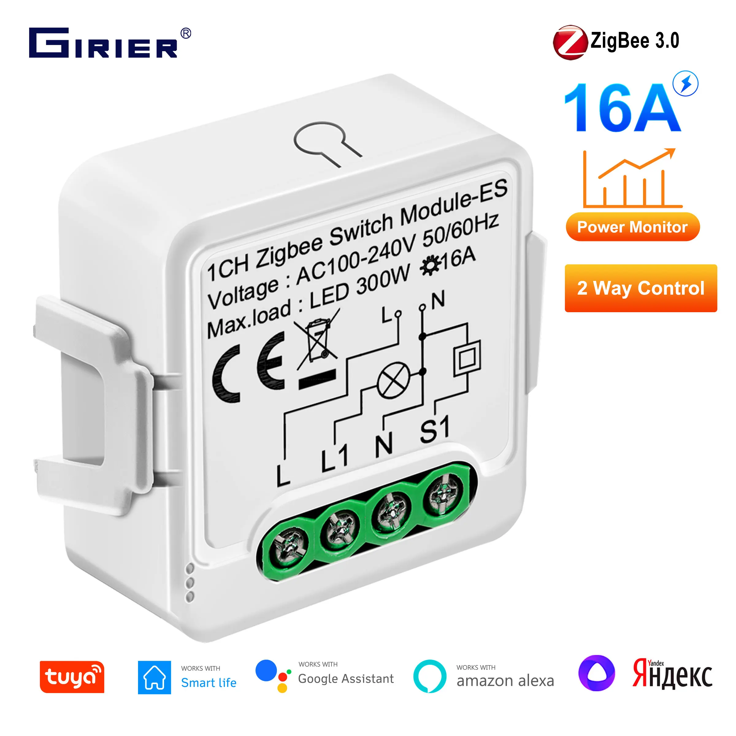 

GIRIER Tuya Smart ZigBee Switch Module with Power Monitoring Function 16A Support 2-Way Control Work with Alexa Alice Hey Google