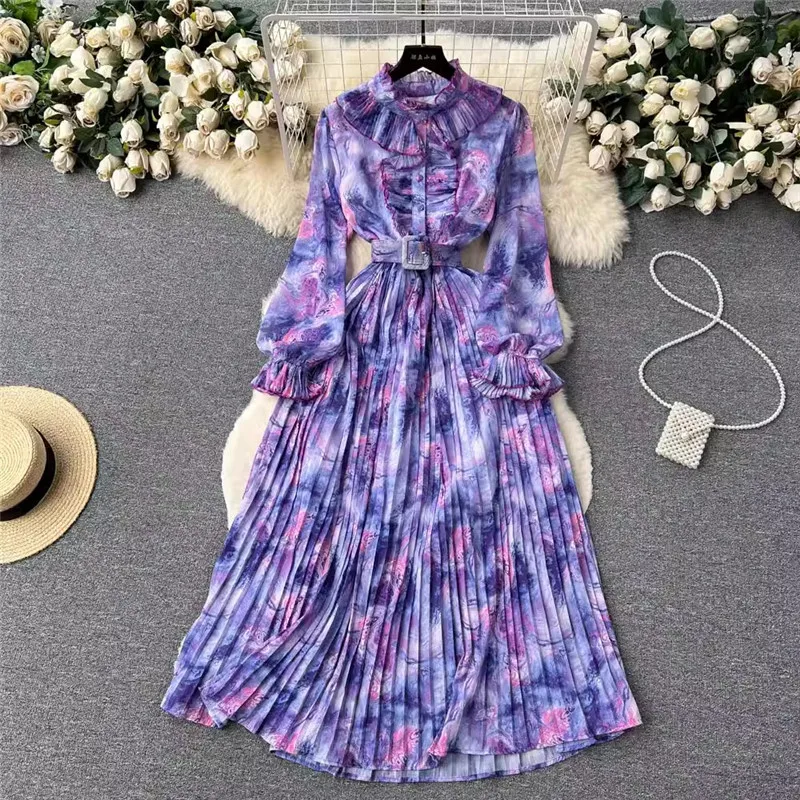 Spring Autumn Bohemian Tie Dye Pleated Long Dress Women Elegant Stand Collar Ruffle Single Breasted Lantern Sleeve Draped Robe
Spring Autumn Bohemian Tie Dye Pleated Long Dress Women Elegant Stand Collar Ruffle Single Breasted Lantern Sleeve Draped Robe
