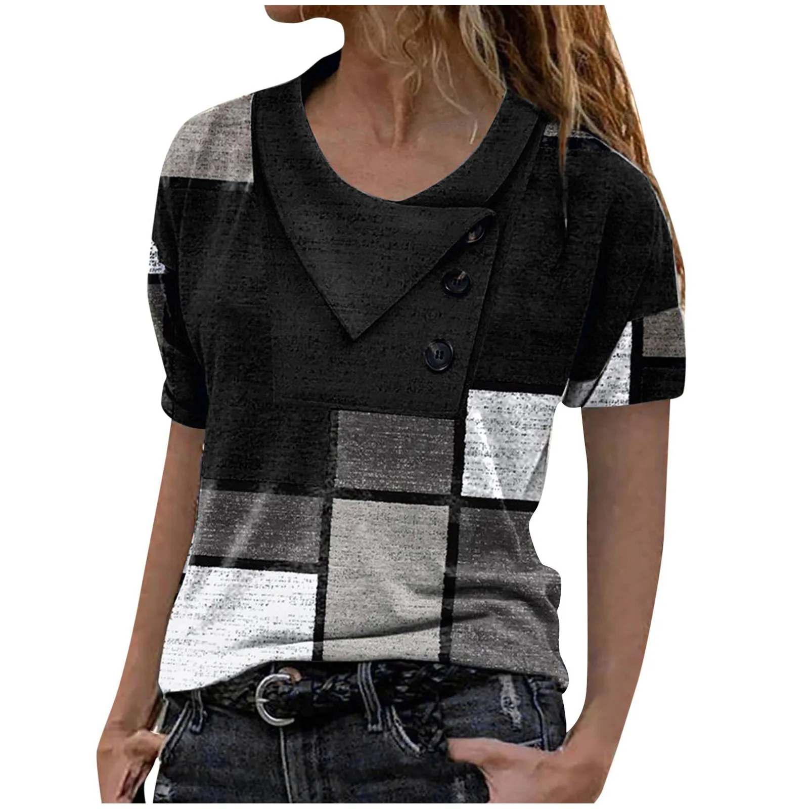 Women's T Shirt Color Block Geometric Casual Geometric Short Sleeve Button Print Round Neck Tops y2k clothes Autumn Pullover
Women's T Shirt Color Block Geometric Casual Geometric Short Sleeve Button Print Round Neck Tops y2k clothes Autumn Pullover