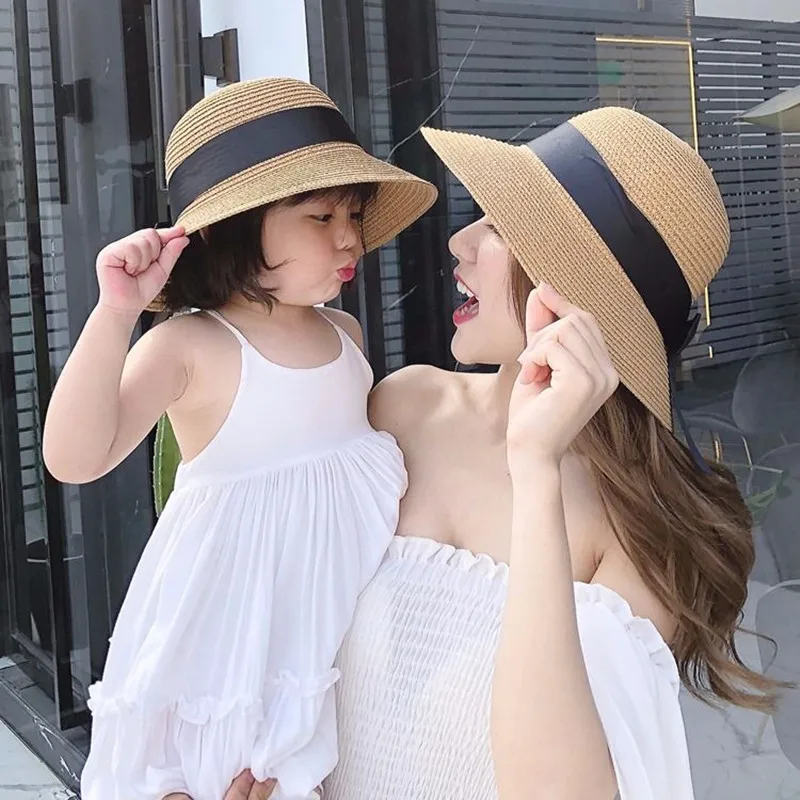 

Sparsil Summer Sun Hats For Women Foldable Bowknot Straw Hat Parent-Child Wide Brim UV Protection Panama Bucket Travel Beach Cap