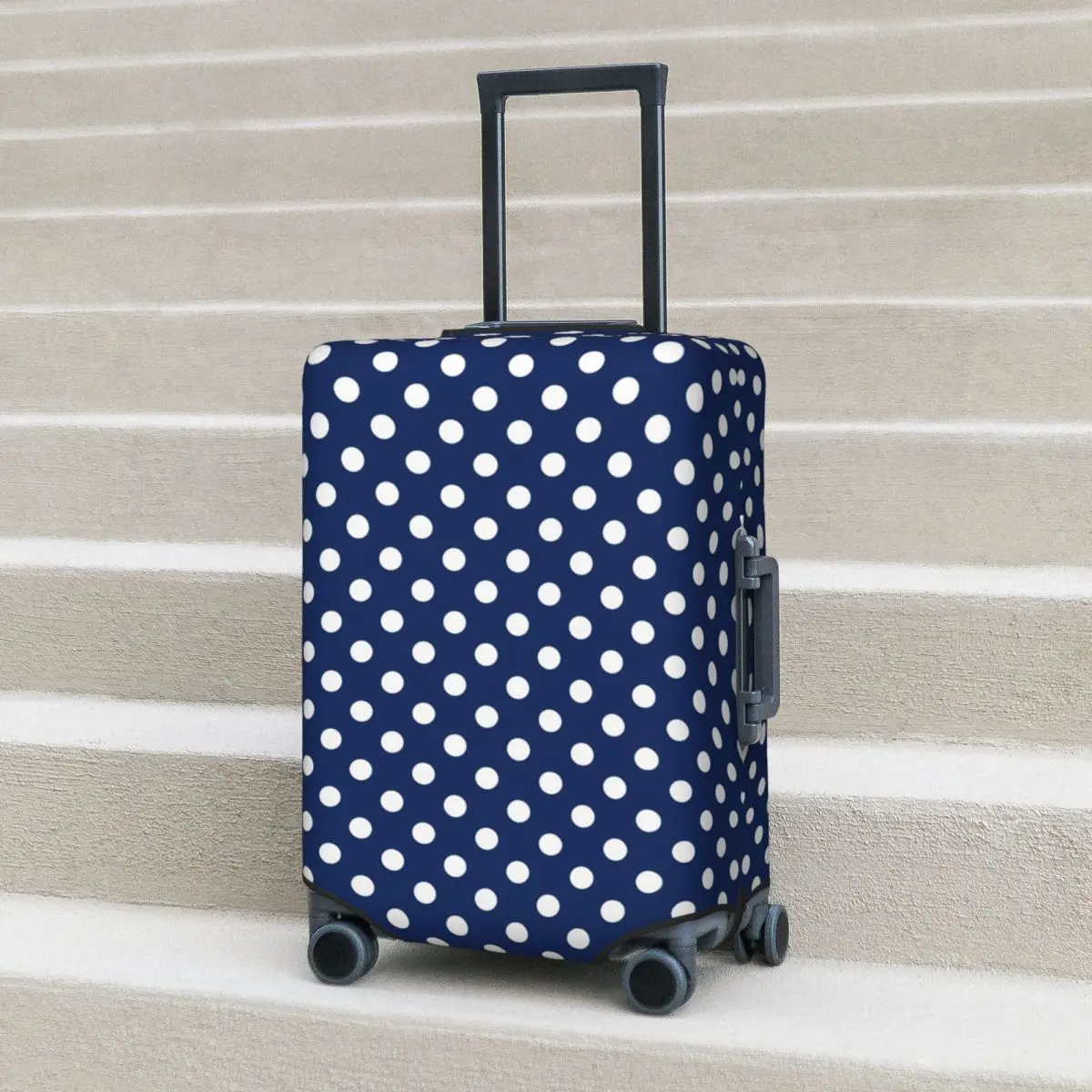 

Polka Dots Suitcase Cover Navy Blue and White Cruise Trip Protector Vacation Strectch Luggage Accesories