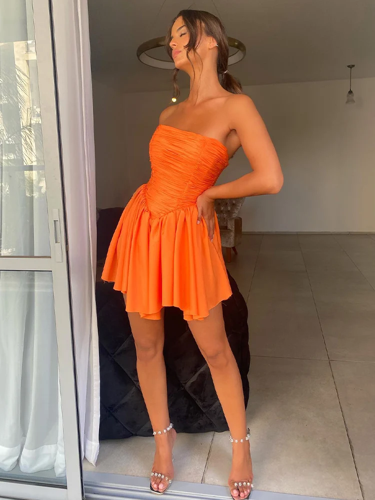 

Коктейльные платья 2023 оранжевого цвета без бретелек, а-силуэт, мини коктейльное платье для женщин, плиссированное асимметричное короткое вечернее женское платье