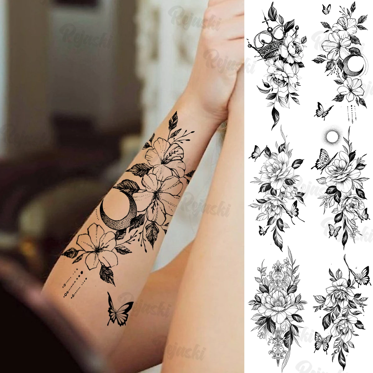 

Large Flower Butterfly Pendant Temporary Tattoos For Women Girls Realistic Crown Lotus Flora Fake Tattoo Sticker Arm Leg Tatoos