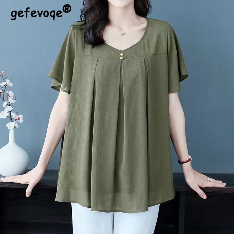 Oversized O-neck Chiffon Green Blouse Women Short Sleeve Loose Tops Solid Summer Spring T-shirt For Female 2022 Casual Shirts
Oversized O-neck Chiffon Green Blouse Women Short Sleeve Loose Tops Solid Summer Spring T-shirt For Female 2022 Casual Shirts