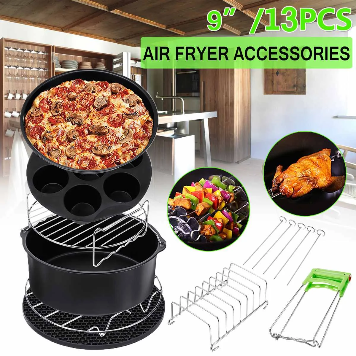 

13PCS Air Fryer Accessories 9 Inch Fit for Airfryer 5.2-6.8QT Baking Basket Pizza Plate Grill Pot Kitchen Cooking Tool Party