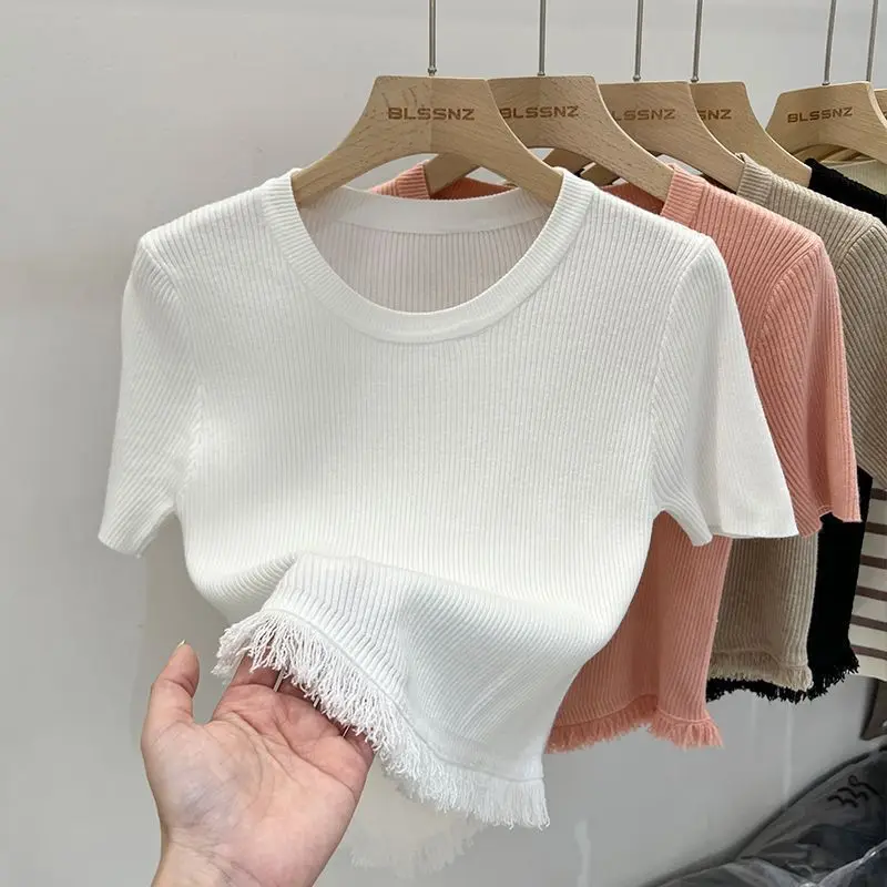 New Women Soft Tassel O-Neck Solid Pullovers Summer Knitted T-shirt Short Sleeve Korean Fashion Sweater Tops
New Women Soft Tassel O-Neck Solid Pullovers Summer Knitted T-shirt Short Sleeve Korean Fashion Sweater Tops