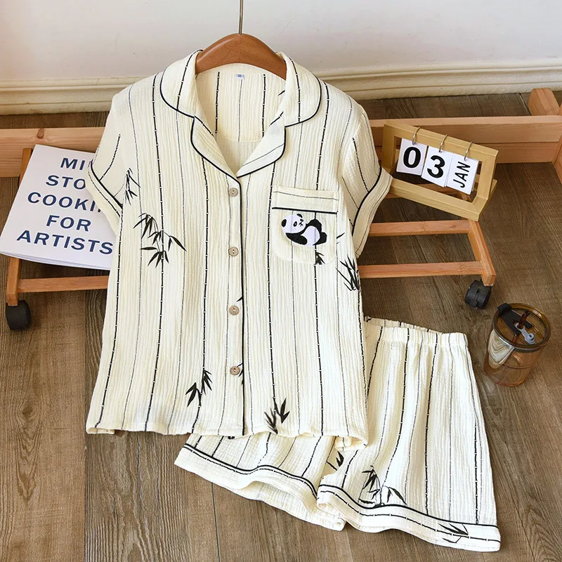 Cute panda 100% double gauze wrinkly cotton shorts pajama sets women Sweet summer short sleeves pyjamas mujer sleepwear women
Cute panda 100% double gauze wrinkly cotton shorts pajama sets women Sweet summer short sleeves pyjamas mujer sleepwear women