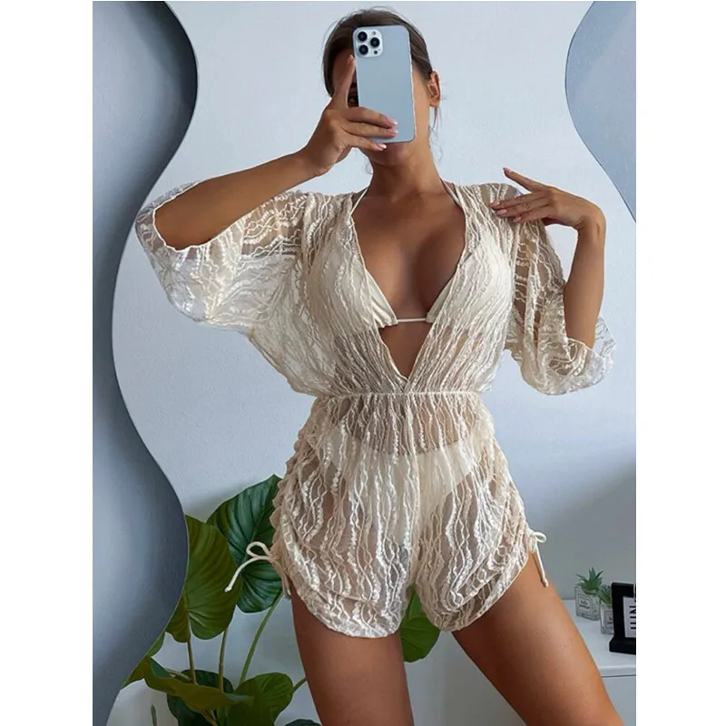 Three Piece With V-neck Lace Hollow Out Tunic Cover Up For Woman Loose Lace Up Halter Bikini Holiday Beach Summer Boho Beachwear
Three Piece With V-neck Lace Hollow Out Tunic Cover Up For Woman Loose Lace Up Halter Bikini Holiday Beach Summer Boho Beachwear