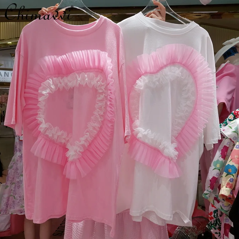 Sweet Korean Fashion Fungus Pleated Three-Dimensional Love Net Yarn Mid-Length T-shirt 2022 Summer New Loose Round Neck Tshirts
Sweet Korean Fashion Fungus Pleated Three-Dimensional Love Net Yarn Mid-Length T-shirt 2022 Summer New Loose Round Neck Tshirts