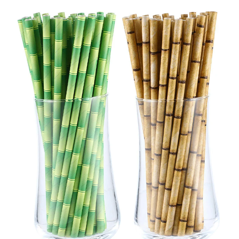 

25pcs Green Brown Bamboo Pattern Paper Straws Juice Cocktail Drinking Straw for Wedding Birthday Bar Pub Jungle Party Supplies