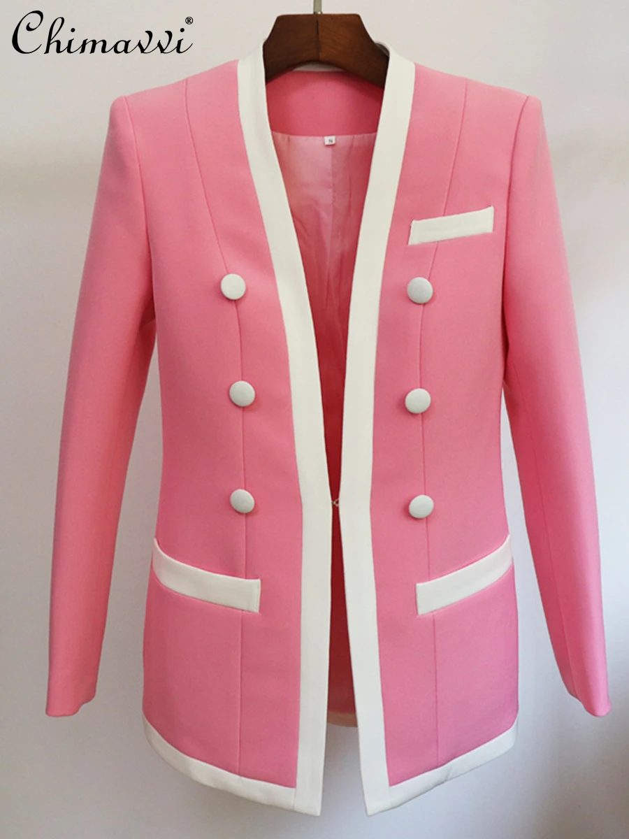 2022 European Female Fashion Double Breasted Color Matching Blazers Women's Elegant Office Lady Slim Fit Collarless Suit Jacket
2022 European Female Fashion Double Breasted Color Matching Blazers Women's Elegant Office Lady Slim Fit Collarless Suit Jacket