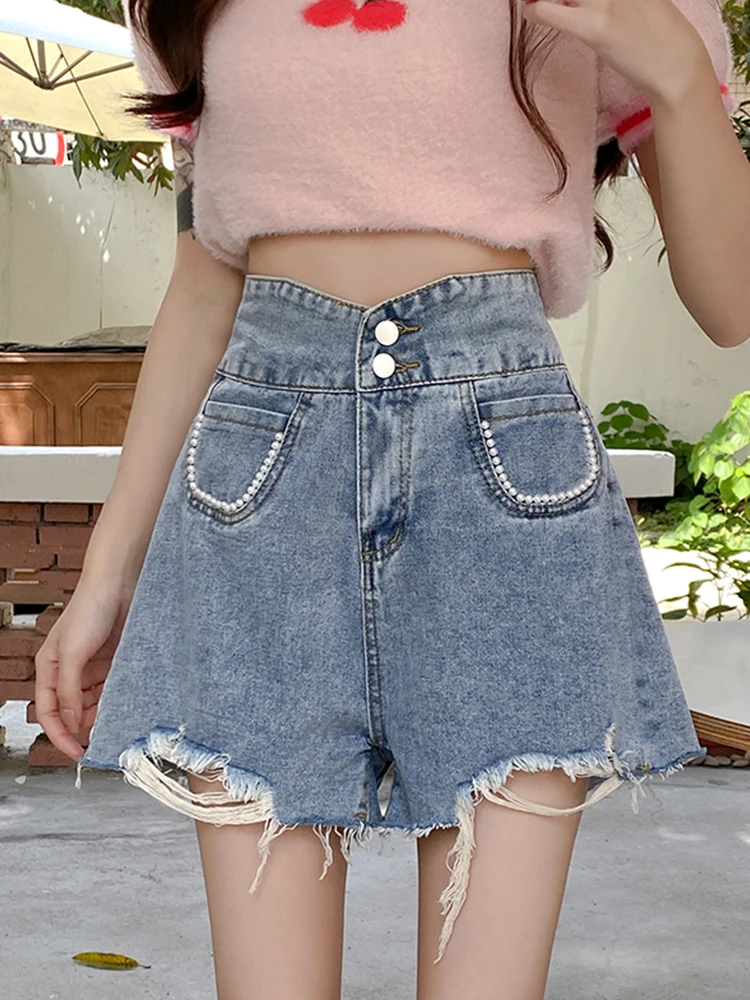 Ailegogo Streetwear Female Wide Leg Hole Raw Hem Blue Denim Shorts Summer Women Beading Decoration Loose Jeans Shorts Bottoms
Ailegogo Streetwear Female Wide Leg Hole Raw Hem Blue Denim Shorts Summer Women Beading Decoration Loose Jeans Shorts Bottoms