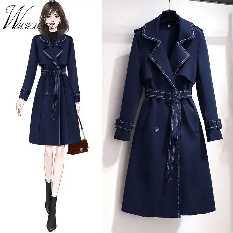 

Korean Fashion Long Trench Coat Women Plus Size 4XL Elegant Slim Waist Sashes Overcoats Patchwork Office Work Gabardina Mujer