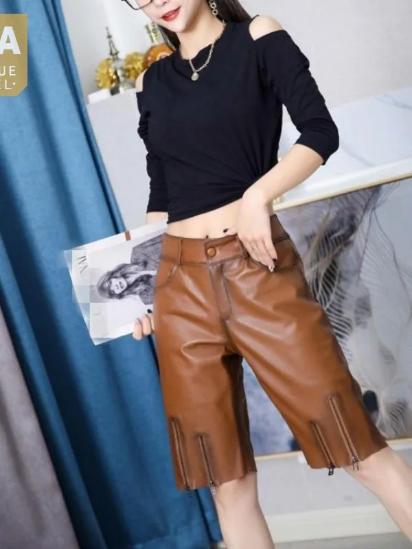 Genuine Leather Knee Length Women Trousers Vintage Cargo Shorts Button Elastic High Waist Casual Shorts Bikers Straight Shorts
Genuine Leather Knee Length Women Trousers Vintage Cargo Shorts Button Elastic High Waist Casual Shorts Bikers Straight Shorts