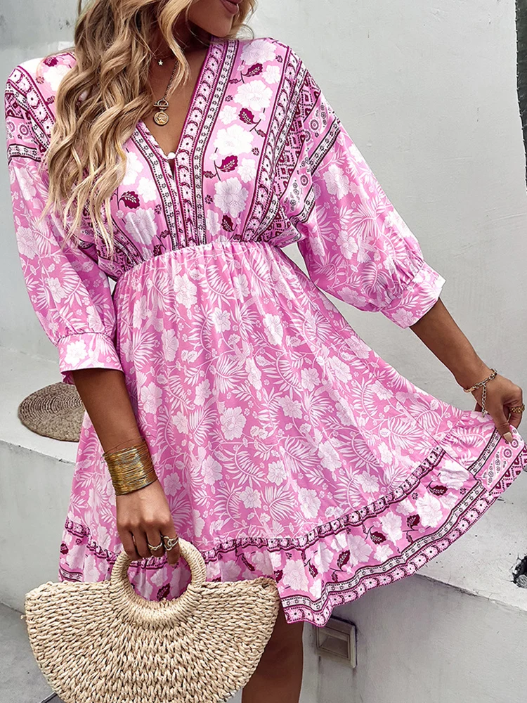 Women Sexy V Neck Backless Lace-up Party Dress Elegant Floral Print 3/4 Sleeve Mini Dress Summer Ethnic Style Chic Beach Dresses
Women Sexy V Neck Backless Lace-up Party Dress Elegant Floral Print 3/4 Sleeve Mini Dress Summer Ethnic Style Chic Beach Dresses