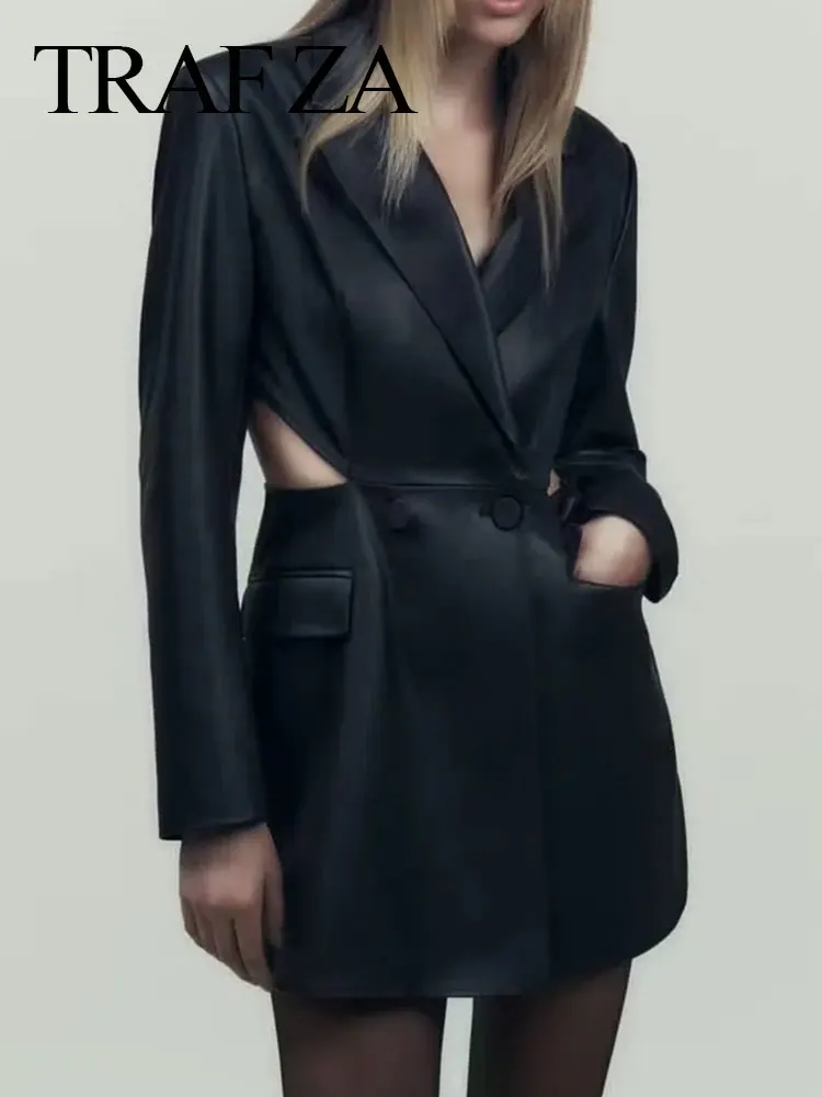 TRAFZA Women's Black Vintage Waist Cutout Long Blazer Faux Leather Long Sleeve Button Jacket Slim Coat Female Fashion Streetwear
TRAFZA Women's Black Vintage Waist Cutout Long Blazer Faux Leather Long Sleeve Button Jacket Slim Coat Female Fashion Streetwear