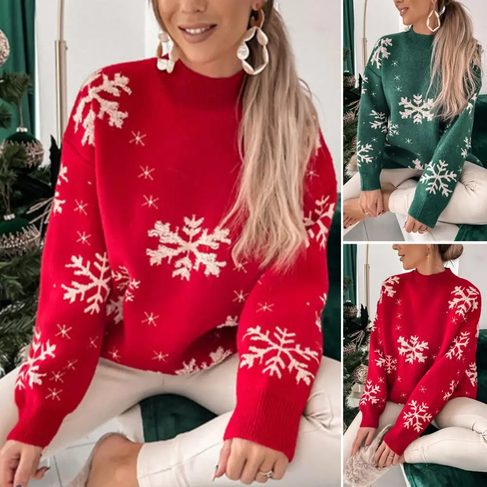 Christmas Sweater Long Sleeve Half High Collar Ribbed Trim Women Jacquard Snowflake Print Pullover Knitwear Festival Clothing
Christmas Sweater Long Sleeve Half High Collar Ribbed Trim Women Jacquard Snowflake Print Pullover Knitwear Festival Clothing