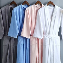 Women Towel Bathrobe 100%Cotton Long Thick Absorbent Terry Bath Robe Kimono Men LightWeight Waffle Solid Dressing Gown Sleepwear