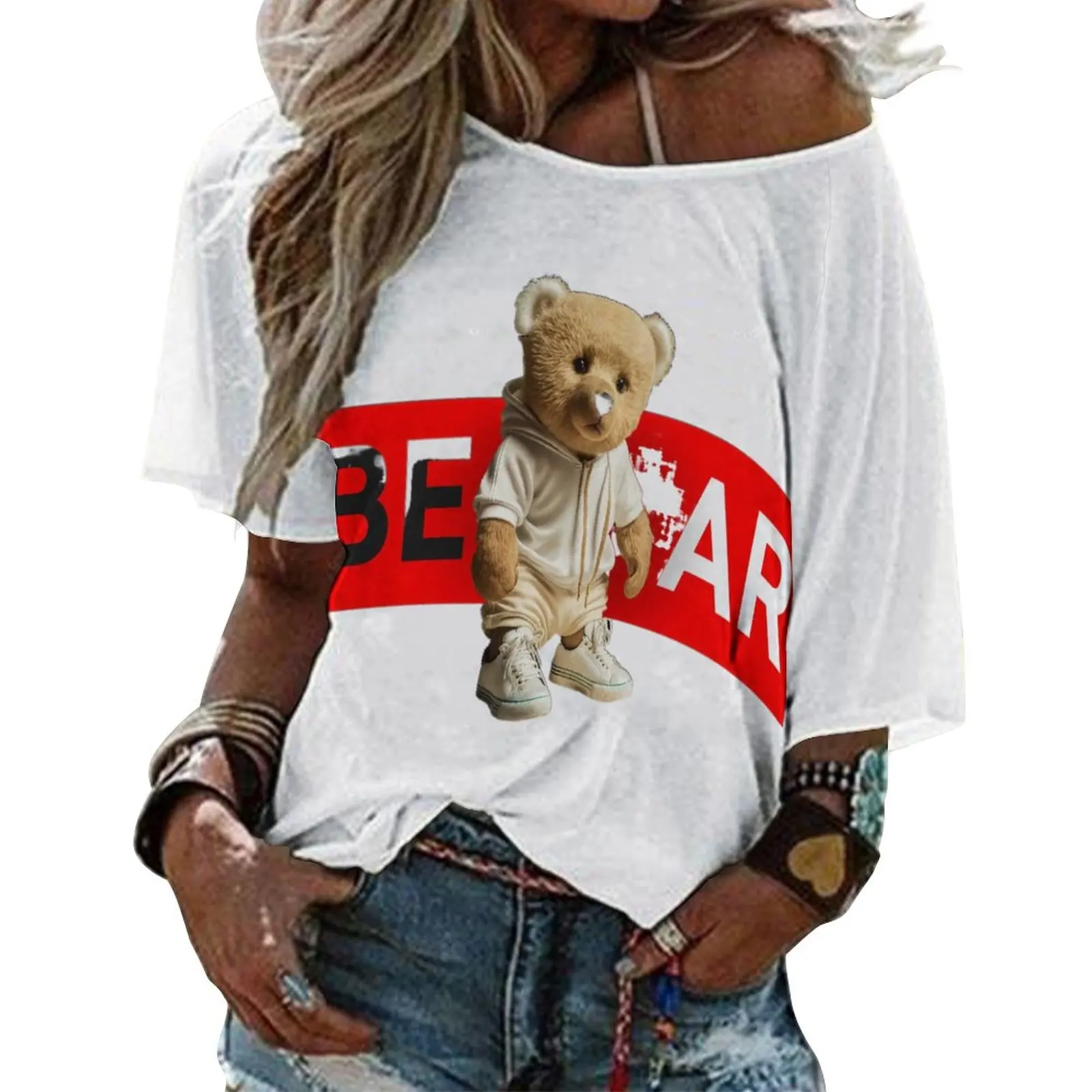 Bear Pattern Women'S Medium Sleeved Straight Neck Short Sleeved Fashionable Printed T-Shirt Casual Summer 2023
Bear Pattern Women'S Medium Sleeved Straight Neck Short Sleeved Fashionable Printed T-Shirt Casual Summer 2023