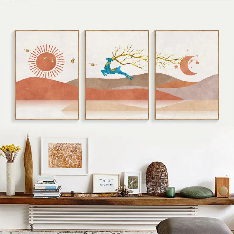 Abstract Landscape Sun and Moon Scene Boho Canvas Prints Deer Wall Art Nordic Mountain Wall Picture for Living Room Home Decor
Abstract Landscape Sun and Moon Scene Boho Canvas Prints Deer Wall Art Nordic Mountain Wall Picture for Living Room Home Decor