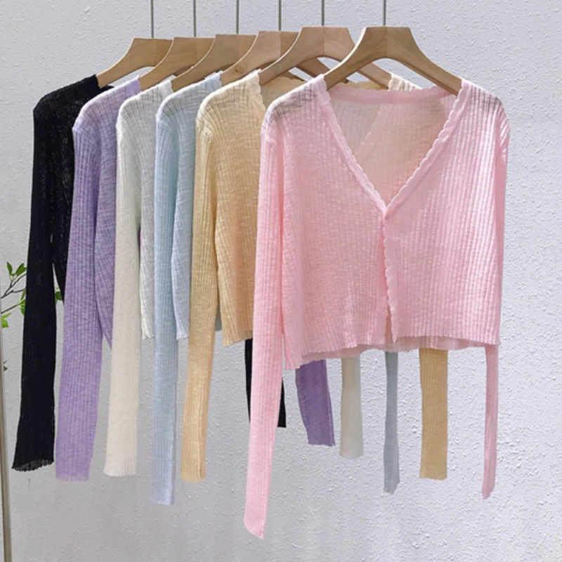 Summer Thin Knitted Cardigans Women V-Neck Long Sleeve Transparent Sunscreen Outwear Woman Korean Style Casual Crop Tops Mujer
Summer Thin Knitted Cardigans Women V-Neck Long Sleeve Transparent Sunscreen Outwear Woman Korean Style Casual Crop Tops Mujer