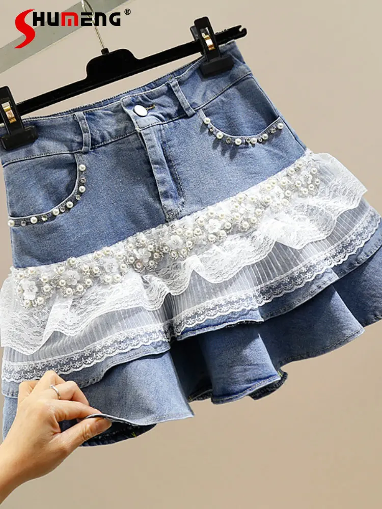 Japanese Style Sweet Beaded Diamond-Embedded Skirt Korean-Style Women's High Waist Lace Stitching A- Line Ruffles Denim Skirts
Japanese Style Sweet Beaded Diamond-Embedded Skirt Korean-Style Women's High Waist Lace Stitching A- Line Ruffles Denim Skirts