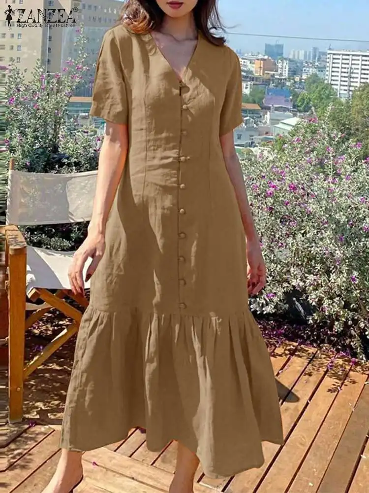 ZANZEA Ruffled Hem V-neck Sundress Holiday Women Short Sleeve Solid Midi Dress Casual Summer Vacation Fashion A-line Vestidos
ZANZEA Ruffled Hem V-neck Sundress Holiday Women Short Sleeve Solid Midi Dress Casual Summer Vacation Fashion A-line Vestidos