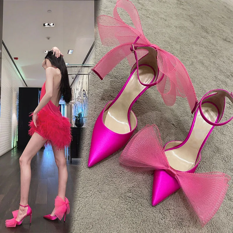 

Women's Bow High Heels 2022 Spring New Pink Asymmetric Pointed Stiletto Heel Banquet Shoes Sandals Women