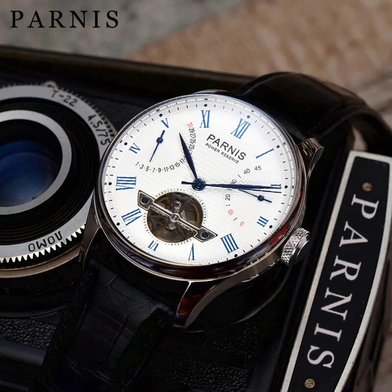 

Fashion Parnis 43mm White Dial Automatic Mechanical Men Watches Leather Strap Calendar Power Reserve Men's Watch reloj hombre