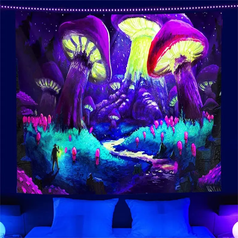 

Blacklight Mushroom Tapestry, Colorful Glow in the Dark Tapestries UV Reactive Tapestries Wall Hanging Aesthetic Room Decor
