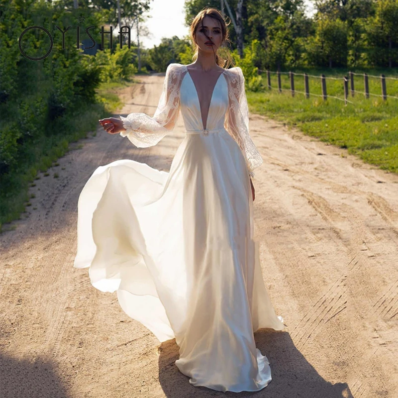 OYISHA Soft Satin Wedding Dresses V-Neck Puff Sleeves For Woman Sheer Back A-Line Bridal Gown Floor Length vestidos de boda 2023
OYISHA Soft Satin Wedding Dresses V-Neck Puff Sleeves For Woman Sheer Back A-Line Bridal Gown Floor Length vestidos de boda 2023