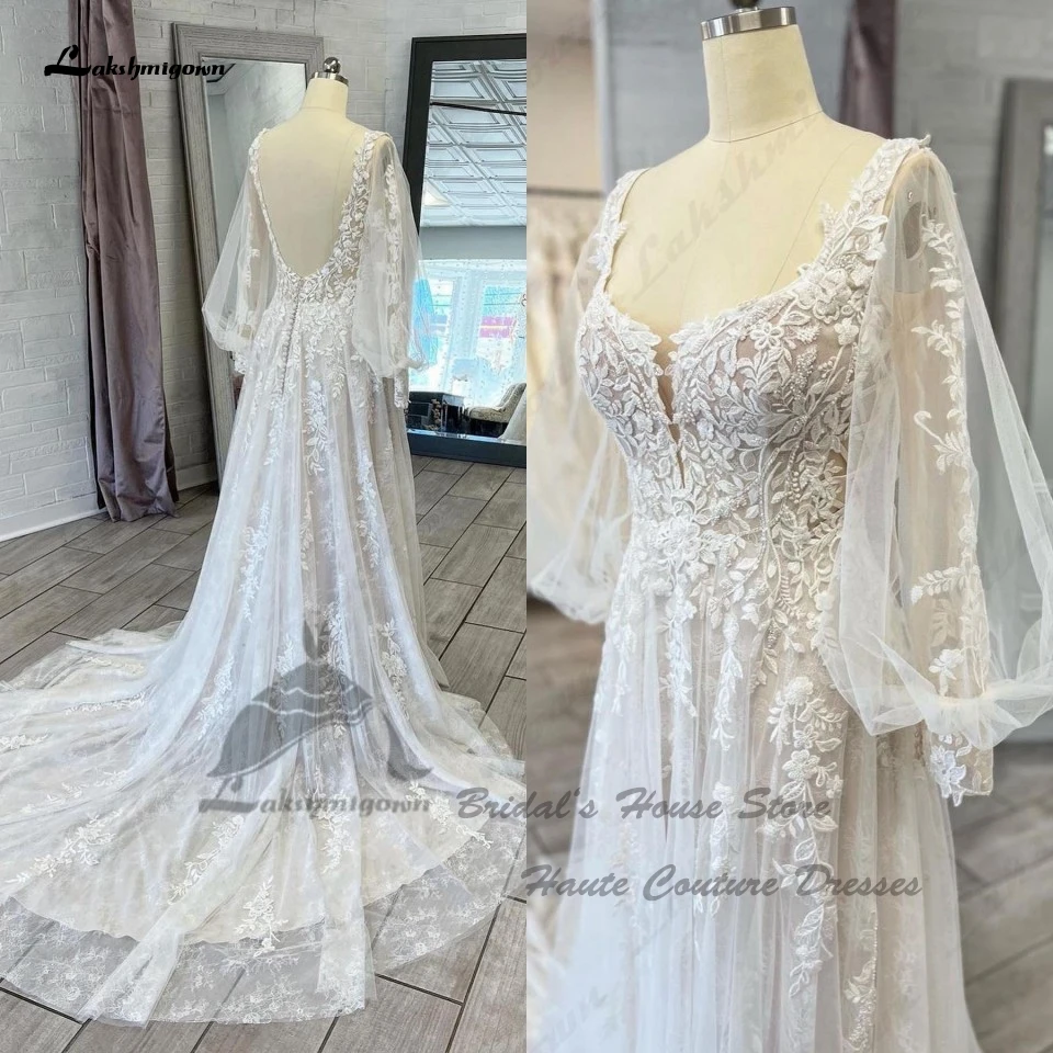 

Lakshmigown Classic Boho Wedding Dress Puffy Long Sleeve Abiti Da sposa 2023 Sexy Bridal A Line Beach Wedding Gowns Beading Lace