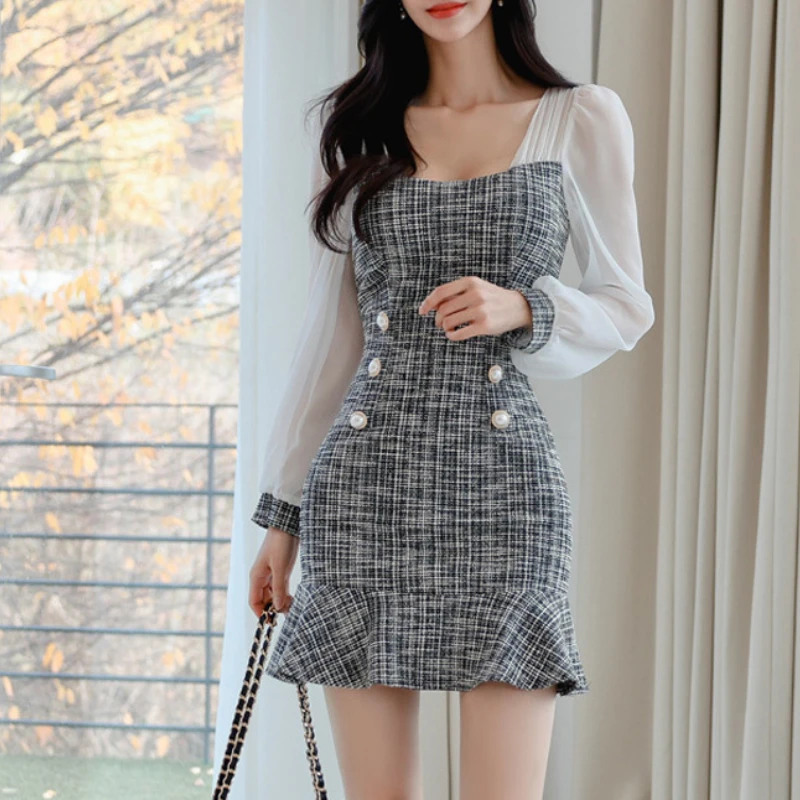 Women Temperament Square Collar Stitching Chiffon Ruff Long Sleeves Tweed Dress Falbala Fishtail Small Fragrant Female Dress
Women Temperament Square Collar Stitching Chiffon Ruff Long Sleeves Tweed Dress Falbala Fishtail Small Fragrant Female Dress