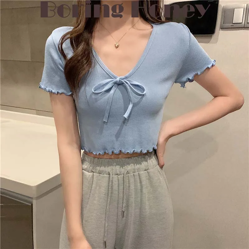 Boring Honey Summer Top Women Short Knitted Lace Up Bowknot Short T-Shirt Tops Solid Color Korean Style Edge Curl Women Clothes
Boring Honey Summer Top Women Short Knitted Lace Up Bowknot Short T-Shirt Tops Solid Color Korean Style Edge Curl Women Clothes