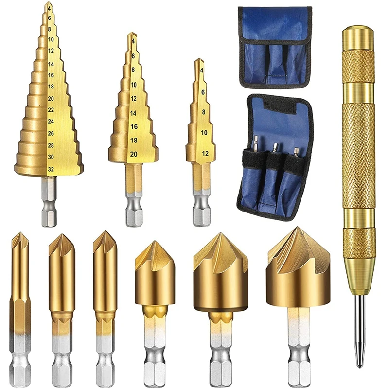 10Pcs Step Drill Bit Set 1/4 Inch Hex Shank 5 Flute Countersink Drill Bit Set With Automatic Spring Loaded Center Punch
10Pcs Step Drill Bit Set 1/4 Inch Hex Shank 5 Flute Countersink Drill Bit Set With Automatic Spring Loaded Center Punch