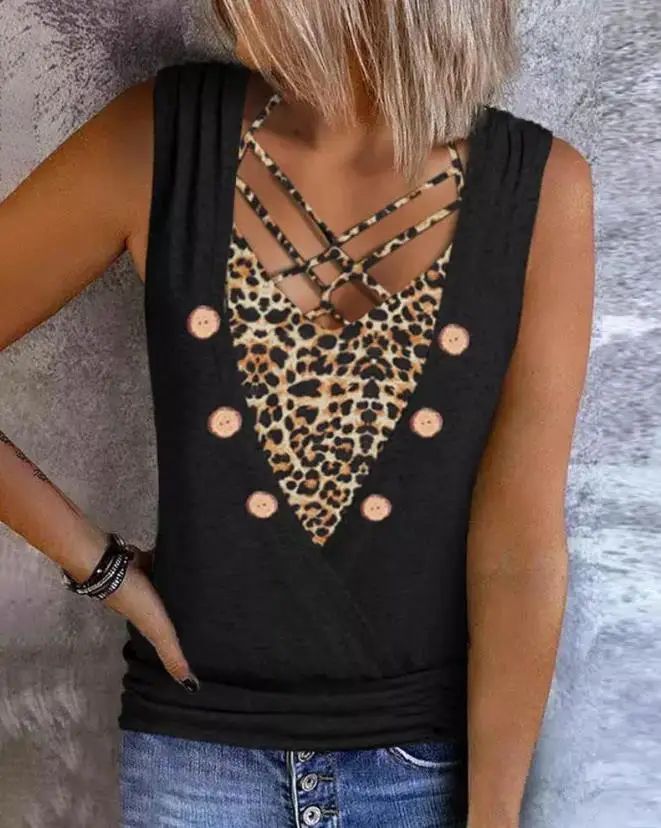 

Summer Leopard Print Crisscross Button Decor Fake Two-Piece Tank Top Europe & America Casual V-Neck Vacation Women's T-Shirt