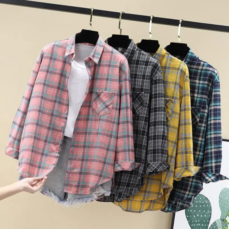 Women's plaid long sleeve shirt coat College style coat loose cotton blouse P3 868
Women's plaid long sleeve shirt coat College style coat loose cotton blouse P3 868