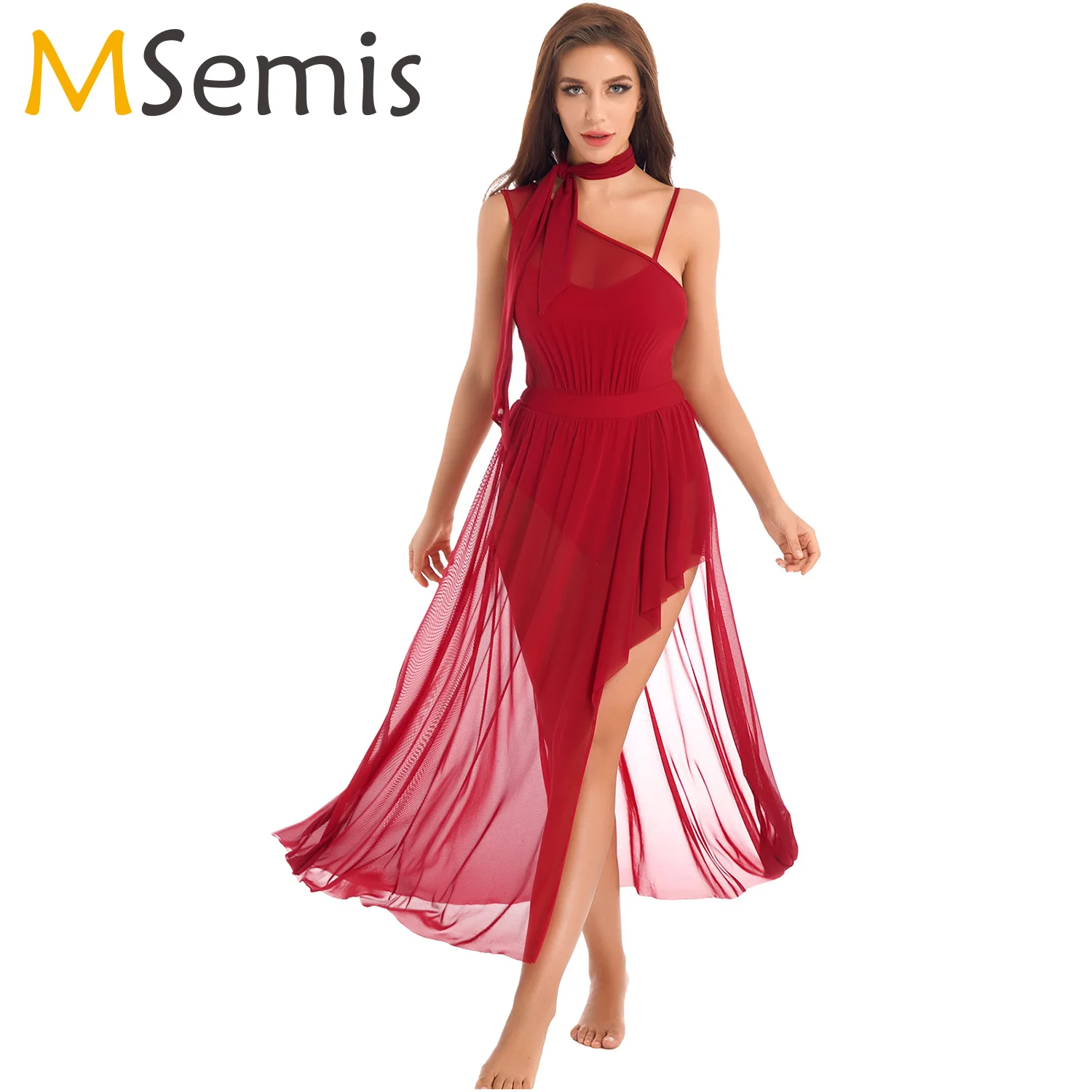 Womens Split Mesh Lyrical Dance Dress Asymmetrical Shoulder Straps Sleeveless Ballet Tutu Gymnastics Dresses With Neckerchief
Womens Split Mesh Lyrical Dance Dress Asymmetrical Shoulder Straps Sleeveless Ballet Tutu Gymnastics Dresses With Neckerchief
