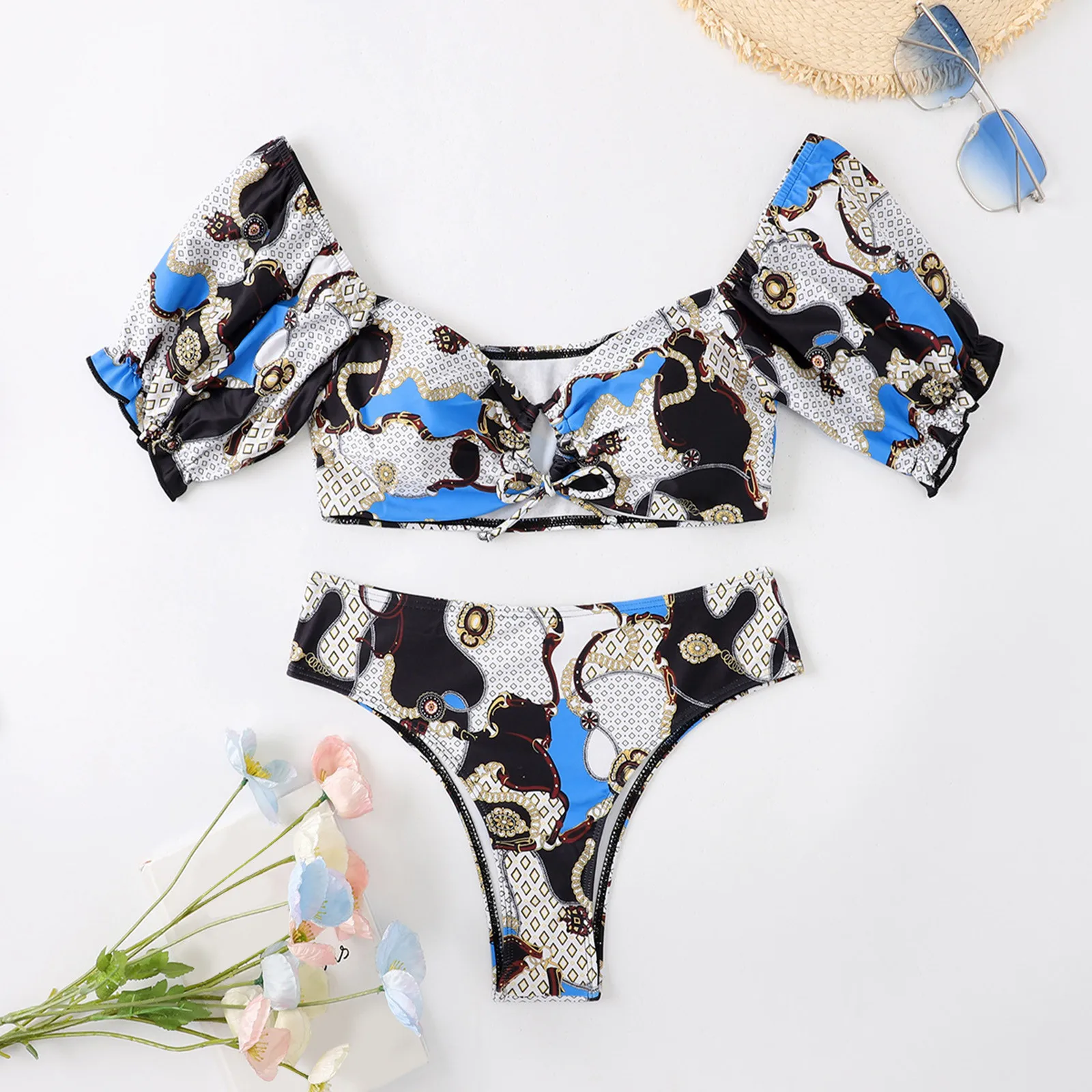 Women Sexy Swimsuit Strap Sleeve Ruffled high waist bandage Square Collar beachwear Floral Print Split Two Pieces Set Fashion
Women Sexy Swimsuit Strap Sleeve Ruffled high waist bandage Square Collar beachwear Floral Print Split Two Pieces Set Fashion