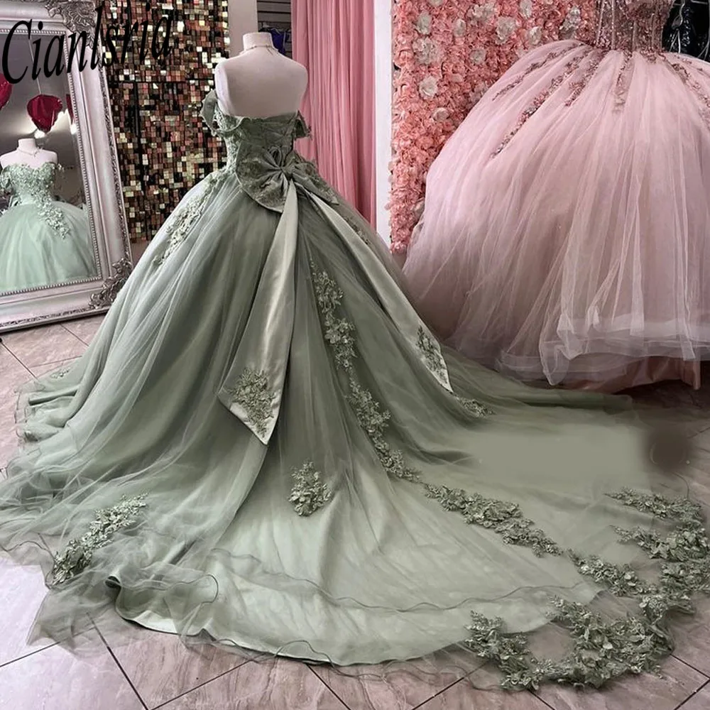

Мятно-зеленое платье для девушек, бальные платья ручной работы с 3D аппликацией, бисером, блестками, сердечком, цветами, 15 лет
