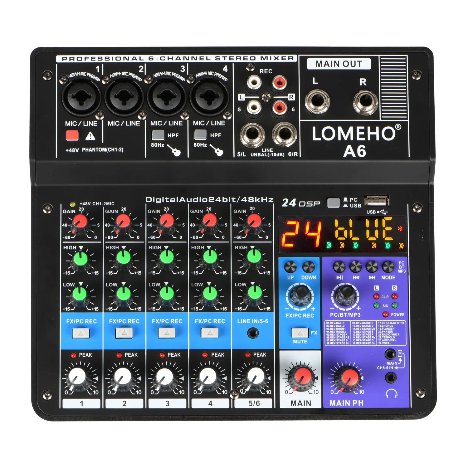 6 Channels Sound Mixing Console Bluetooth Mobile USB Record Computer Playback 48V Phantom Power Input Audio Mixer A6
6 Channels Sound Mixing Console Bluetooth Mobile USB Record Computer Playback 48V Phantom Power Input Audio Mixer A6