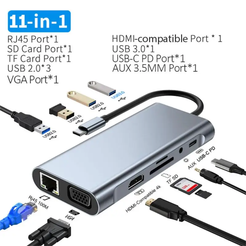 

Док-станция RYRA 11 в 1, USB C разветвитель на HDMI, 4K, Thunderbolt 3, адаптер для ноутбука с AUX, SD, TF-картой, RJ45, VAG HUB