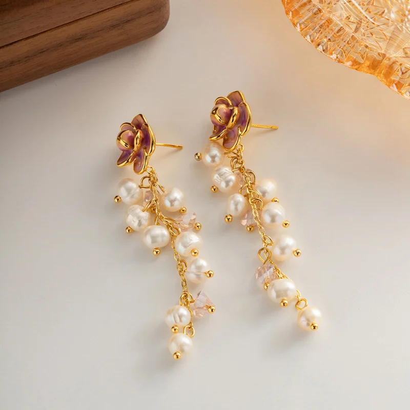 

Minar Romantic Freshwater Pearl Enamel Camellia Flower Long Dangle Earrings for Women 18K Real Gold Plated Brass Tassel Earring