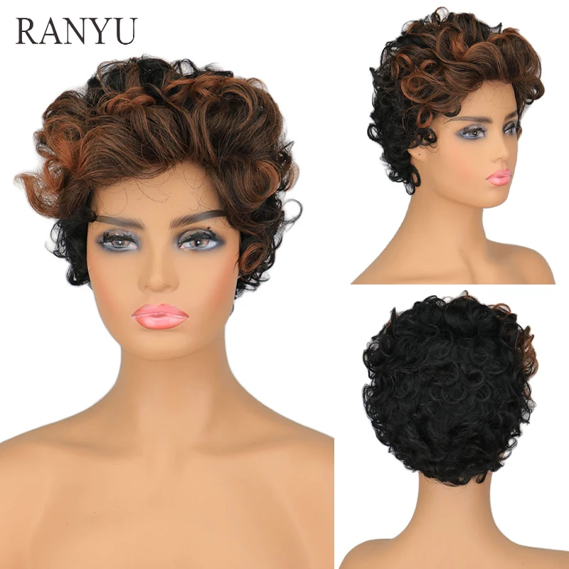 

RANYU Synthetic Ombre Mixed Black Brown Wig Women Short Wavy Curly Wig for Party Daily Heat Resistant