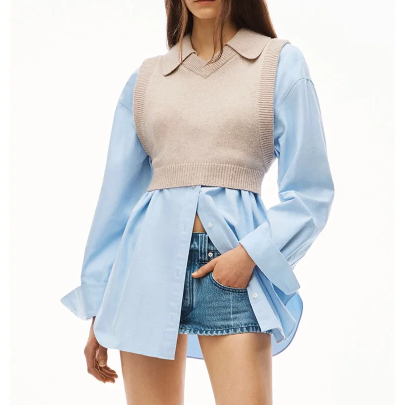 Classic 129356 129357 Trendy Luxury Designer Cloth Slim Wool Vest Long Sleeve Women Shirt Stitching Contrast Fake Two Pieces Top
Classic 129356 129357 Trendy Luxury Designer Cloth Slim Wool Vest Long Sleeve Women Shirt Stitching Contrast Fake Two Pieces Top