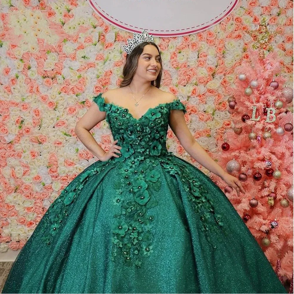 

Блестящее изумрудно-зеленое бальное платье, платья для Quinceanera 2022, милое платье с 3D цветами, открытыми плечами и аппликацией, 15 16, одежда для д...