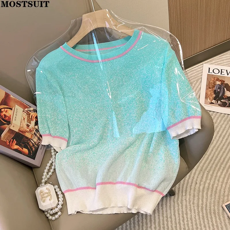 2022 Summer Gradient Color Knit Sweater Pullover Women's Thin T-shirt Top Loose Short Sleeve O-neck Ice Silk Tees Tops Knitwear
2022 Summer Gradient Color Knit Sweater Pullover Women's Thin T-shirt Top Loose Short Sleeve O-neck Ice Silk Tees Tops Knitwear