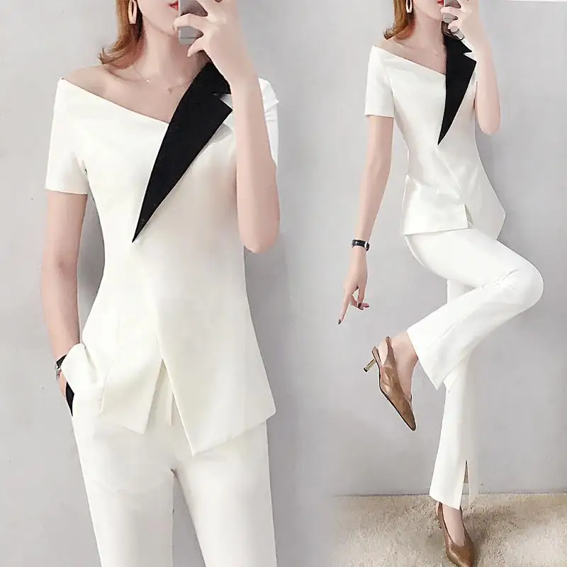 Women 2022 Summer Two Piece Set Office Business Suit Female Short Sleeve V-Neck Blouse Tops and Flare Pants 2 Piece Sets G65
Women 2022 Summer Two Piece Set Office Business Suit Female Short Sleeve V-Neck Blouse Tops and Flare Pants 2 Piece Sets G65